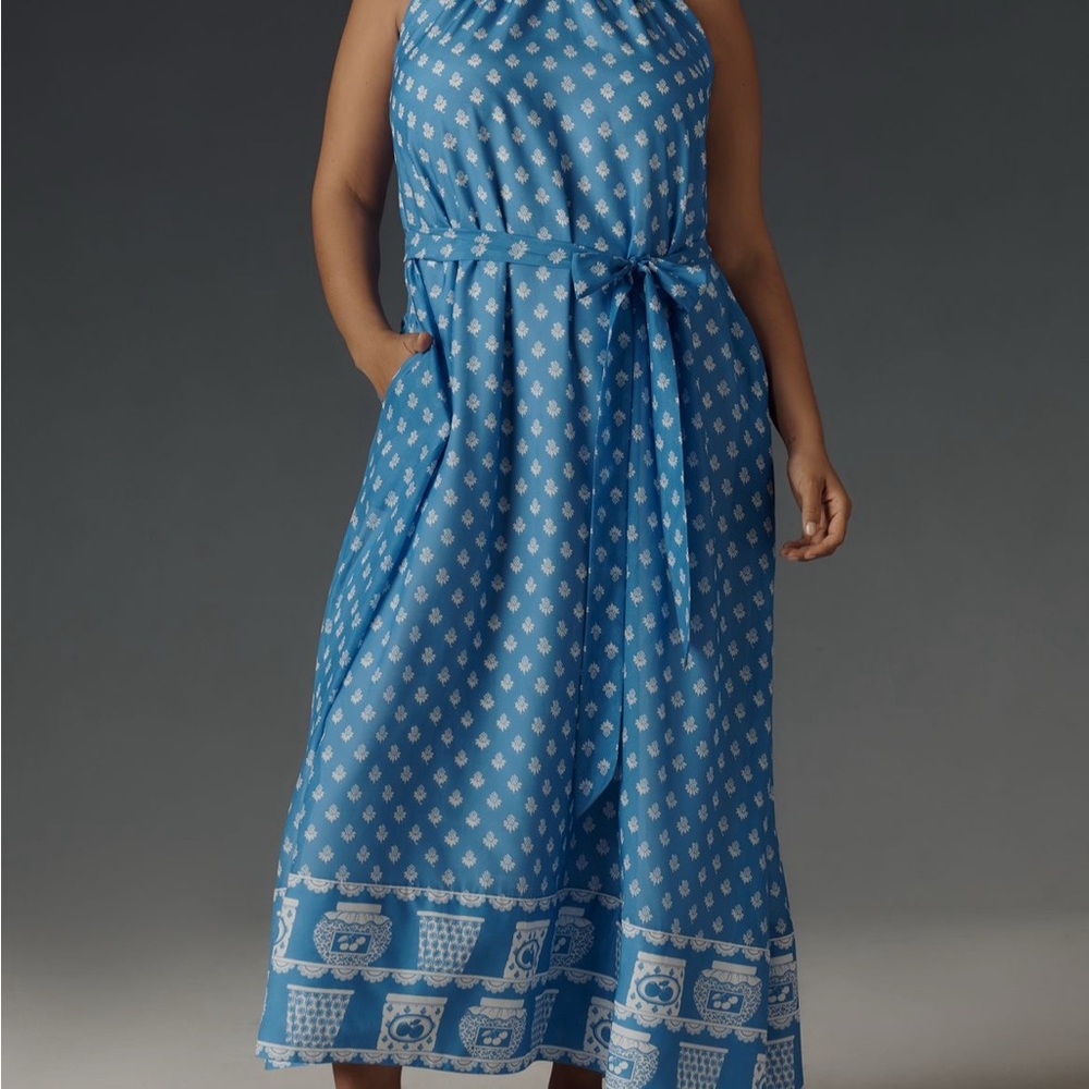 Anthropologie Blue Halter Maxi Dress with Tie Waist-NWT-3x - Picture 2 of 4